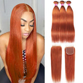 Ginger Color Straight Hair 3 Bundles with 4x4 Lace Closure - MeetuHair